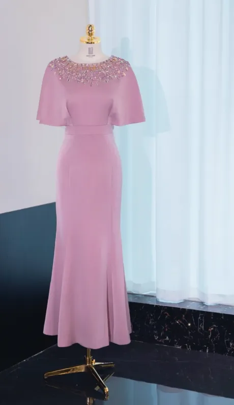 Modest Jewel Mermaid Mother of the Bride Dresses, Satin Dusty Pink Evening Dresses HZ1121