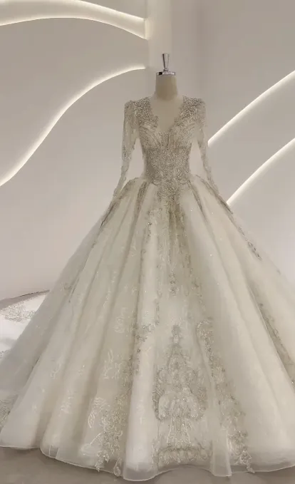 White A-Line Luxury Wedding Dresses, Tulle Beaded V-Neck Bridal Gowns Long Sleeve Applique Bridal Dresses HZ1121