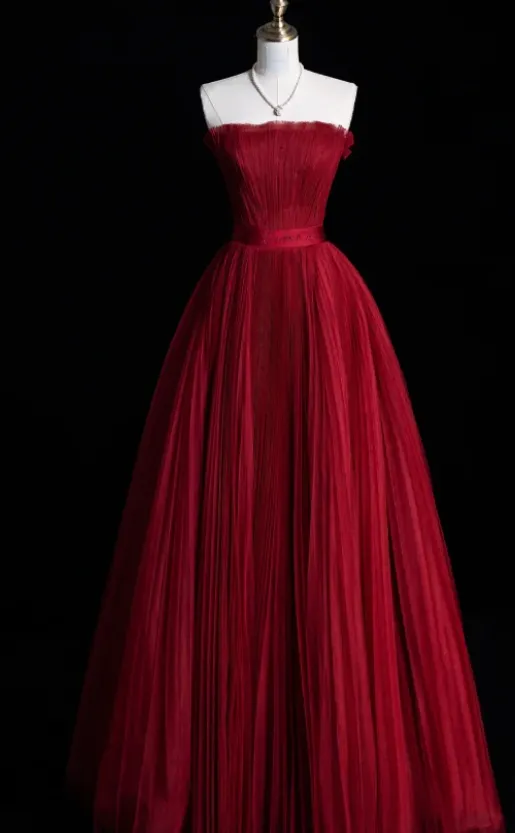 Gorgeous Strapless A-Line Long Prom Dresses Tulle Pleated Sleeveless Evening Dress Burgundy Formal Dresses HZ1121