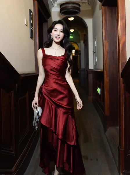 Gorgeous Sheath Long Prom Dresses Satin Sleeveless Formal Dresses Ruffle Burgundy Birthday Dresses HZ1121