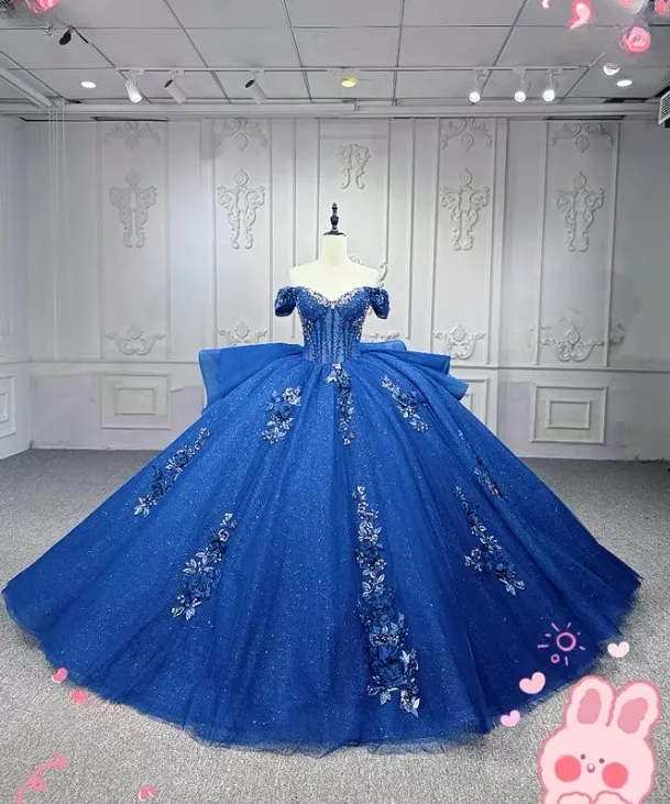 Gorgeous Off-the-Shoulder Ball Gown Tulle Applique Long Prom Dresses Royal Blue Quinceanera Dresses Sparkly Sweet 16 Dresses HZ1121