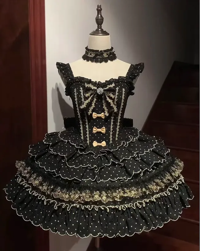 Gorgeous Strapless Ball Gown Polka Dot Short Prom Dresses Black Birthday Outfit Sleeveless Lolita Dresses HZ1121