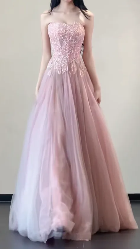 Gorgeous Strapless A-Line Long Prom Dresses Tulle Pink Sweet 16 Dresses HZ1121