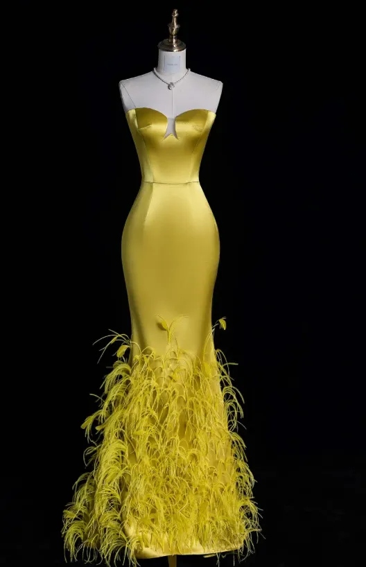 Elegant Sweetheart Mermaid Long Prom Dresses Satin Yellow Formal Dresses Sleeveless Evening Dresses HZ1121