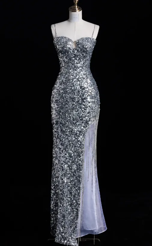 Elegant Spaghetti Straps Mermaid Long Prom Dresses Silver Sequin Formal Dresses Sleeveless Evening Dresses HZ1121