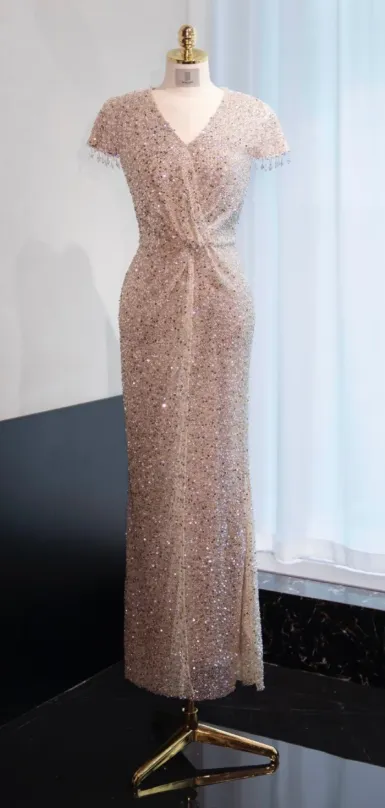 Elegant Sheath Evening Dress Sequins Champagne Gold Mother of the Bride Dresses Short Sleeves Guest Dresses HZ1121