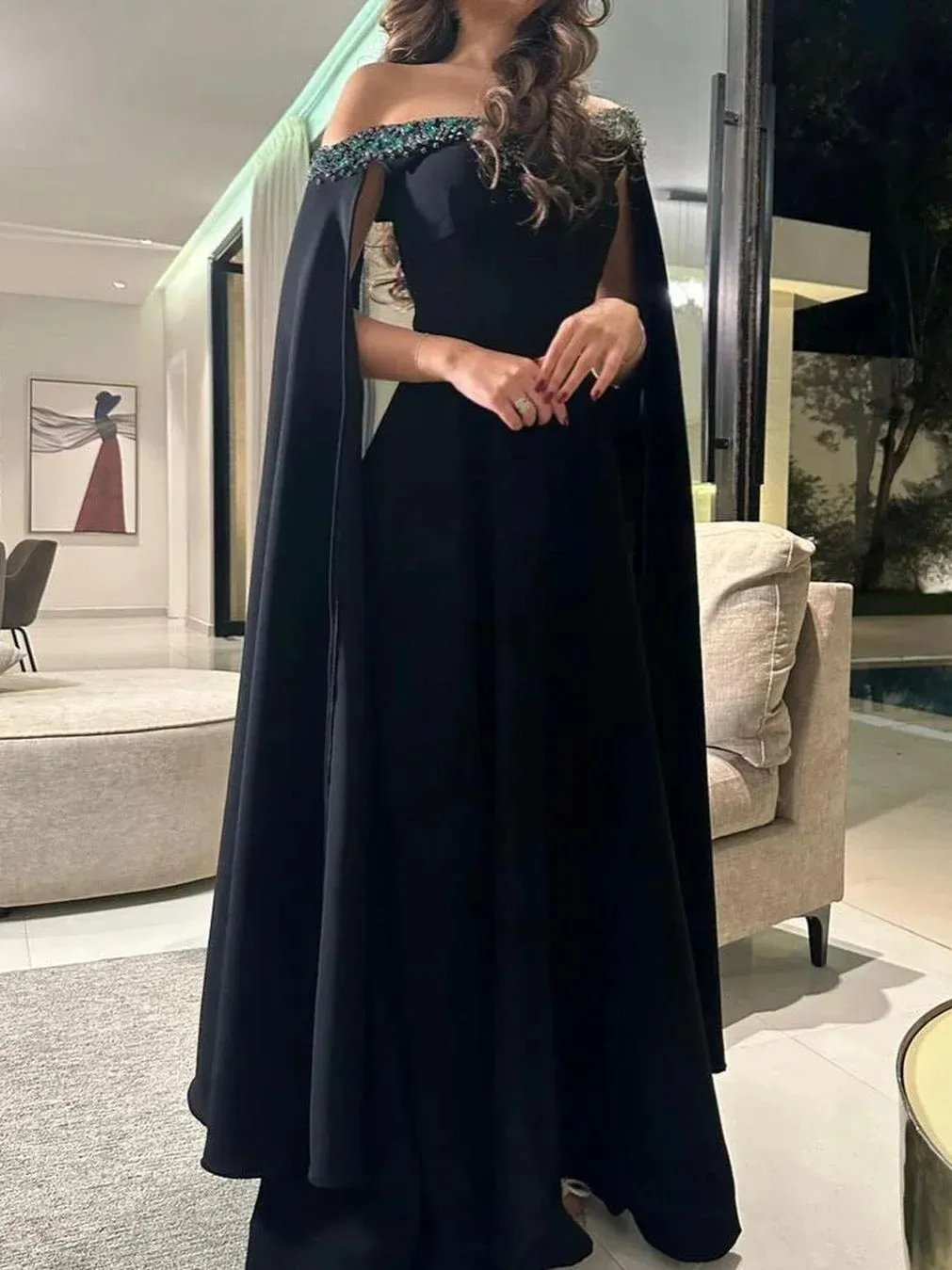 Glam Sheath Evening Dresses Black Formal Dresses Chiffon Off-the-shoulder Guest Dresses HZ1121