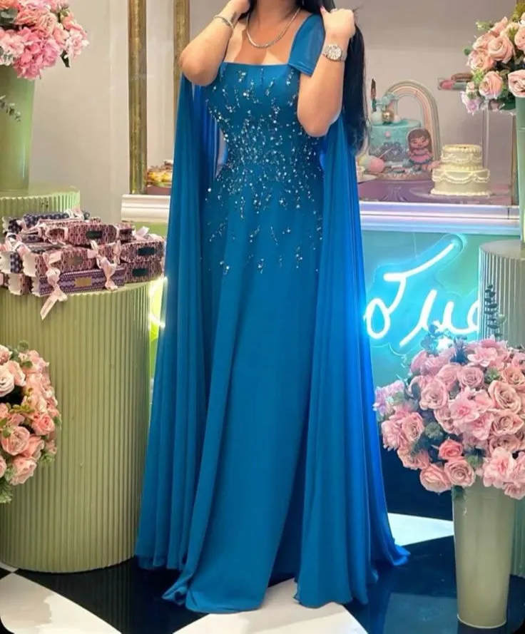 Glam Sheath Evening Dresses Blue Formal Dresses Chiffon Rhinestone Square Neck Guest Dresses HZ1121
