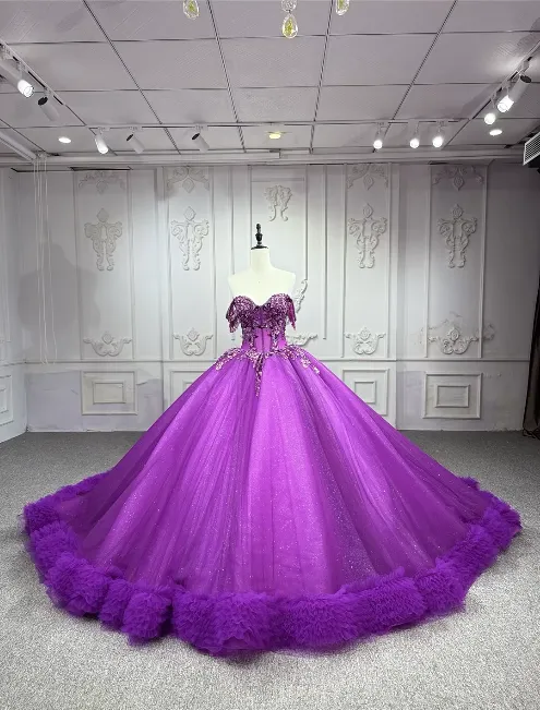 Gorgeous Off-the-Shoulder Ball Gown Tulle Long Prom Dresses Beaded Purple Quinceanera Dresses Sweet 16 Dress HZ1121