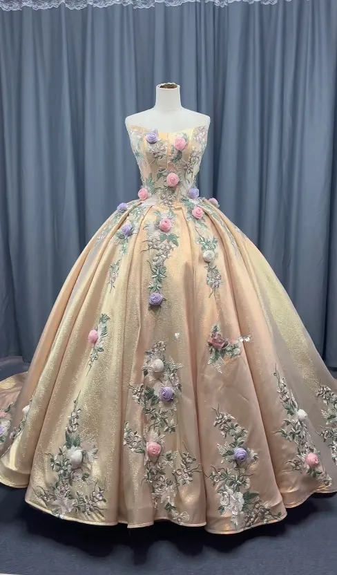 Gorgeous Strapless Ball Gown Satin Long Prom Dresses Applique Gold Quinceanera Dresses Sweet 16 Dress HZ1121