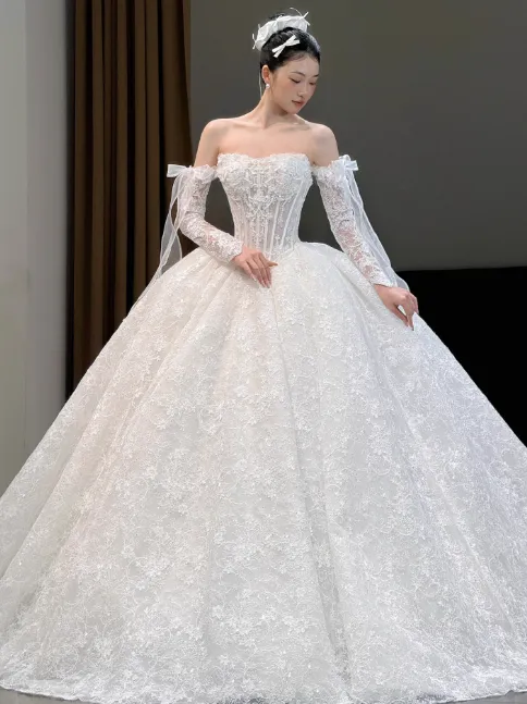 Modest Strapless A-Line Wedding Dresses Lace Beaded Applique White Bridal Gowns Sleeveless Bridal Dresses HZ1121