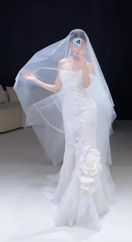 Timeless Strapless Mermaid Long Wedding Dresses Lace Applique White Bridal Gowns HZ1121