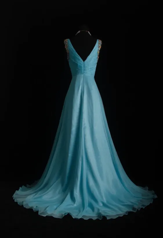 Vintage V-neck A-Line Long Evening Dresses Chiffon Turquoise Prom Dresses HZ1121 - Image 4