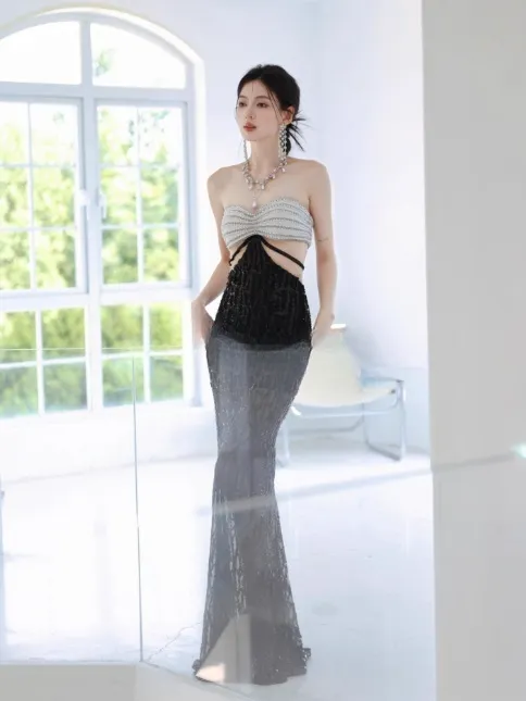 Sexy Strapless Mermaid Long Evening Dresses Beaded Sequin Party Dresses Black Prom Dresses HZ1121
