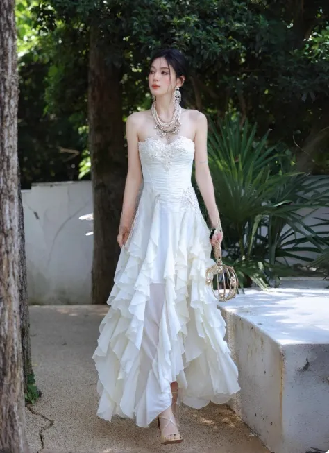 Sweet Sweetheart Neck Sheath Long Evening Dresses Chiffon Party Dresses White Birthday Dresses HZ1121