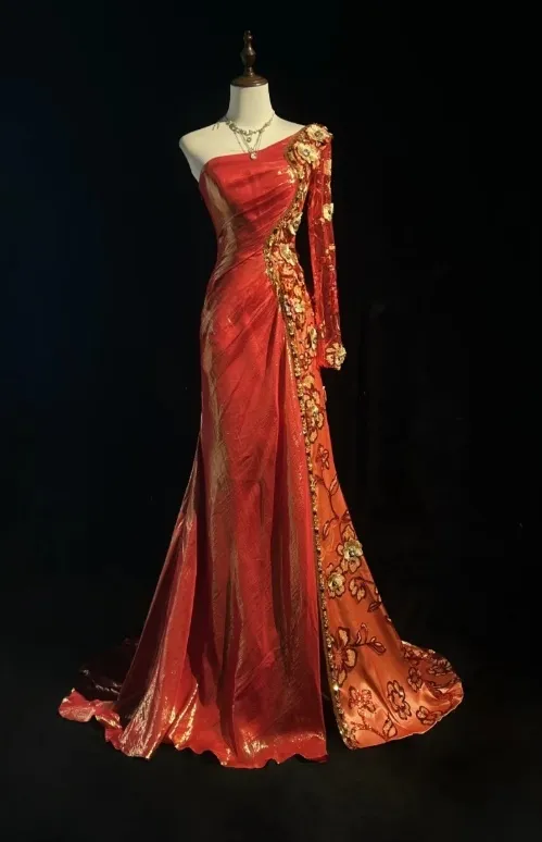 Elegant One Shoulder Sheath Long Evening Dresses Satin Red Prom Dresses HZ1121