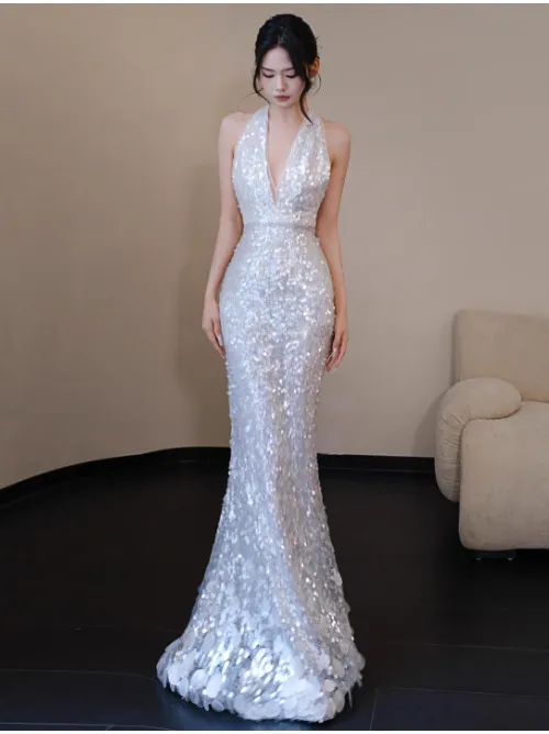 Sexy V neck Mermaid Long Prom Dresses Sequin White Evening Dresses HZ1121