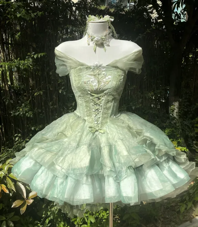 Cute Off-the-shoulder Short Ball Gown Tulle 18th Birthday Outfit Green Lolita Dresses HZ1121