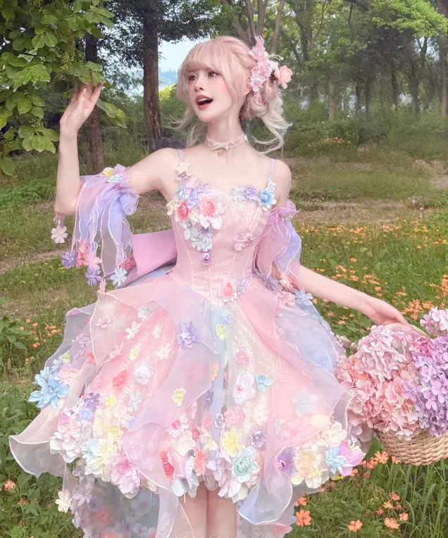 Fairy Spaghetti Strap Ball Gown Tulle Applique Birthday Dresses Pink Lolita Dresses HZ1121