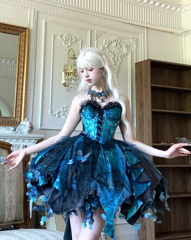 Fairy Sweetheart Neck Ball Gown Satin Applique Sleeveless Birthday Dresses Blue Lolita Dresses HZ1121