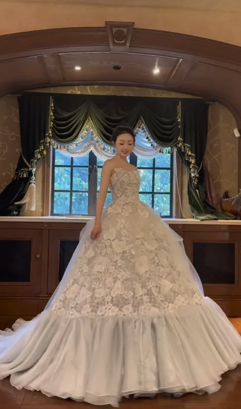 Timeless Strapless Ball Gown Tulle Applique Wedding Dresses White Bridal Gowns HZ1121