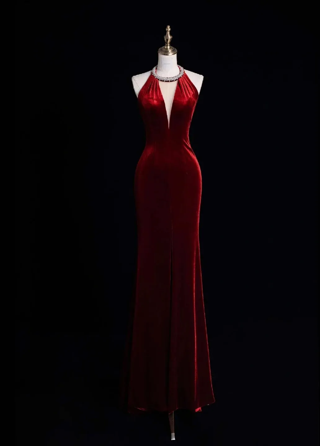 Elegant V-neck Sheath Long Prom Dresses Velvet Open Back Burgundy Evening Dresses HZ1121
