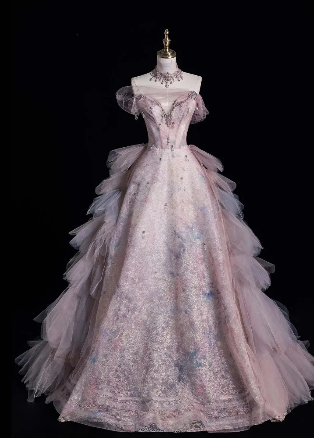 Fairy Sweetheart A-Line Long Prom Dresses Lace Tulle Pink Evening Dresses HZ1121