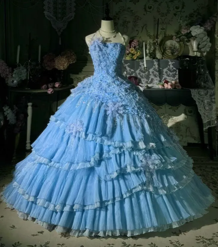 Gorgeous Strapless Ball Gown Chiffon Long Prom Dresses Blue Quinceanera Dresses Sweet 16 Dresses HZ1121