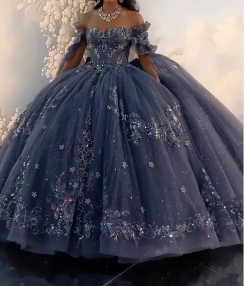 Gorgeous Off-the-Shoulder Ball Gown Tulle Long Prom Dresses Beaded Applique Navy Blue Quinceanera Dresses Sweet 16 Dresses HZ1121