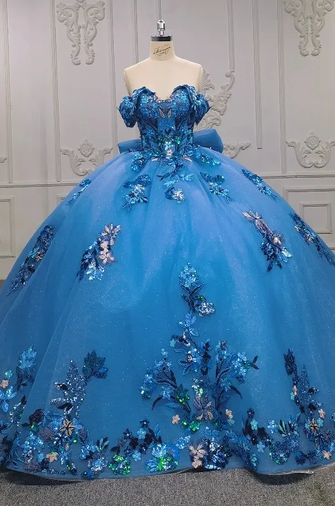 Gorgeous Off-the-Shoulder Ball Gown Tulle Long Prom Dresses Applique Blue Quinceanera Dresses Sweet 16 Dresses HZ1121