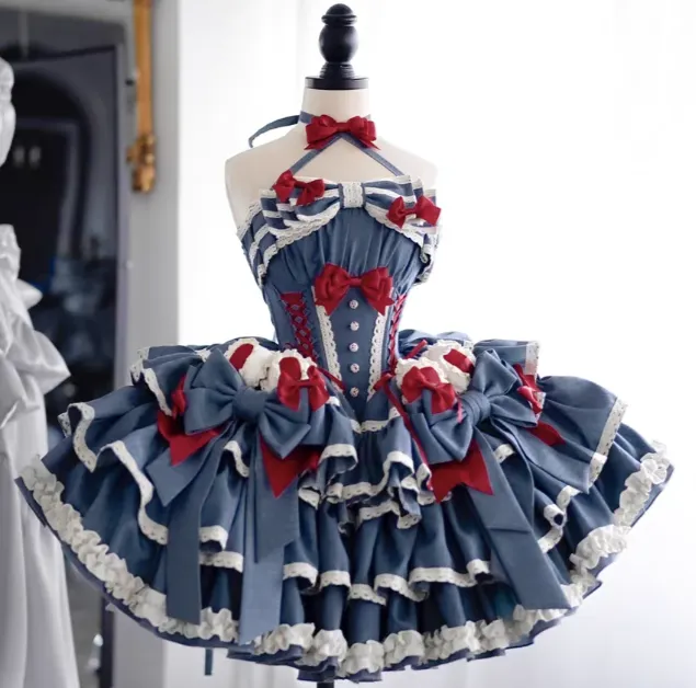 Cute Halter Neck Ball Gown Bow Tiered Birthday Dresses Tiered Satin Blue Lolita Dresses HZ1121