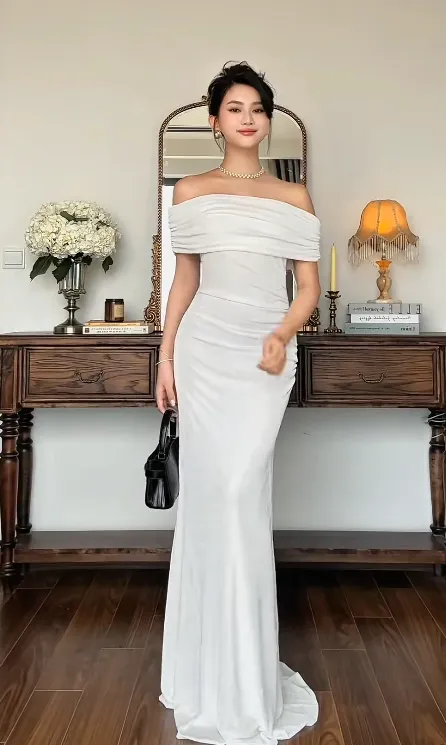 Elegant Sheath Long Prom Dresses Chiffon White Wedding Guest Dresses Off-the-shoulder Evening Dresses HZ1121