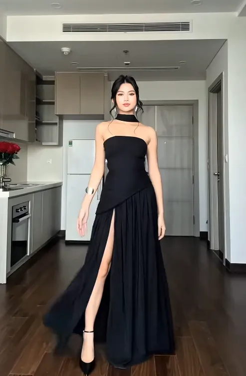 Elegant Strapless Sheath Long Prom Dresses with Slits Black Evening Dresses HZ1121