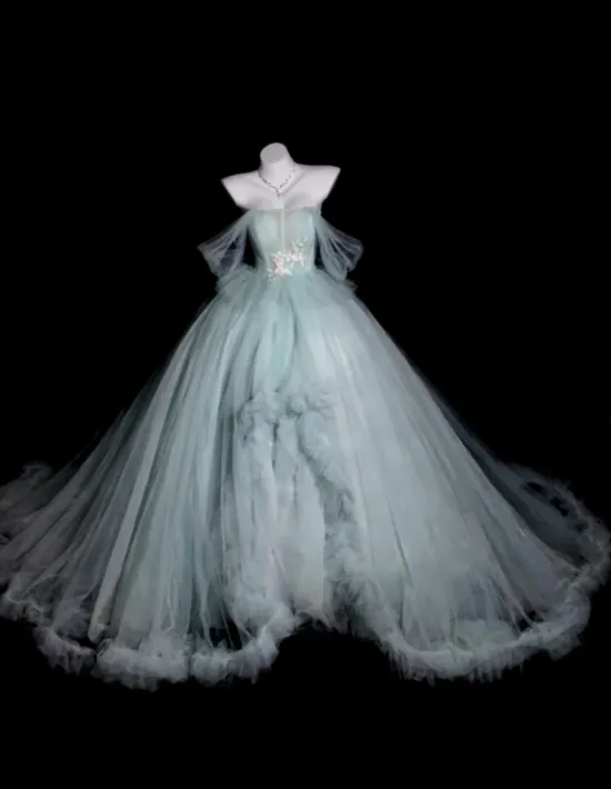 Fairy Off-the-Shoulder Ball Gown Long Prom Dresses Tulle Light Green Quinceanera Dresses Sweet 16 Dresses HZ1121