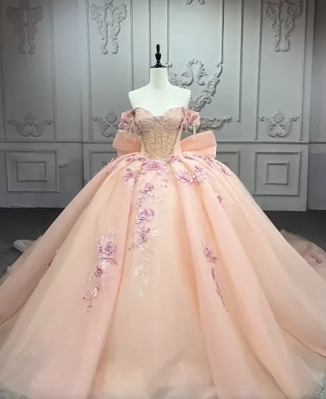 Fairy Off-the-Shoulder Ball Gown Long Prom Dresses Tulle Appliques Orange Pink Quinceanera Dresses Beading Sweet 16 Dresses HZ1121