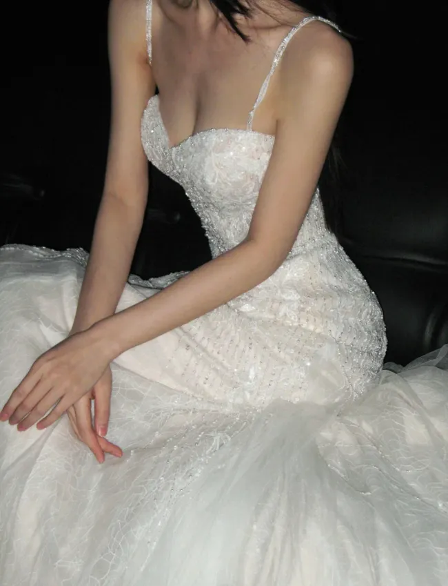 Gorgeous Spaghetti Strap Sheath Long Wedding Dresses Beaded Tulle Bridal Dresses Ivory Sleeveless Bridal Gowns HZ1121 - Image 2