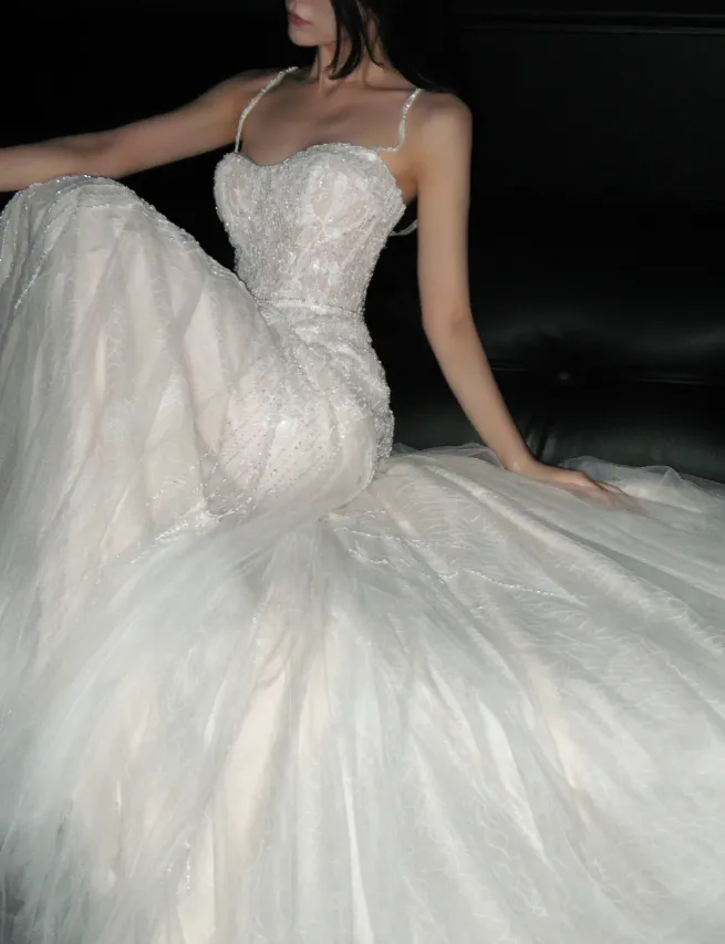 Gorgeous Spaghetti Strap Sheath Long Wedding Dresses Beaded Tulle Bridal Dresses Ivory Sleeveless Bridal Gowns HZ1121