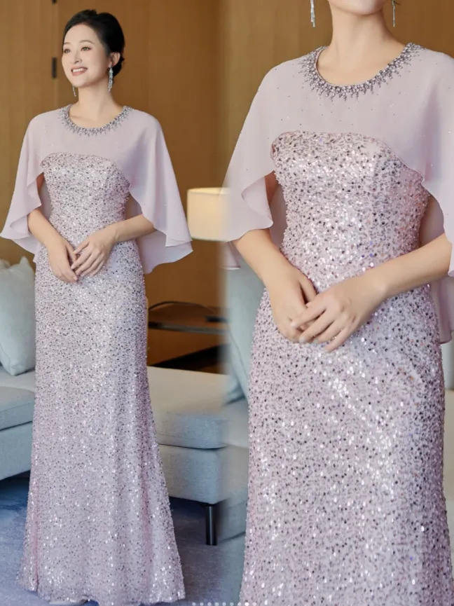 Glam Jewel Sheath Light Purple Mother of the Bride Dress Sequin Light Purple Evening Dress with Shawl HZ1121