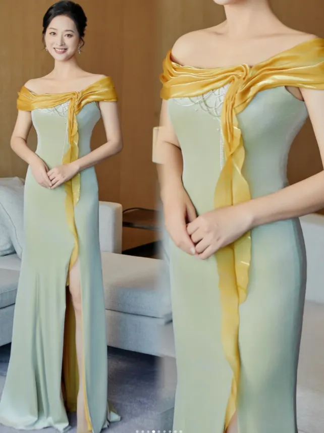 Glam Off-the-shoulder Sheath Green Mother of the Bride Dress Satin Green Evening Dress HZ1121