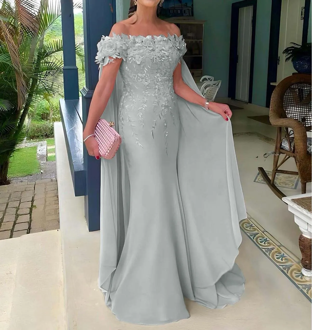 Glam Off-the-shoulder Mermaid Green Mother of the Bride Dress Chiffon Applique Green Evening Gown HZ1121