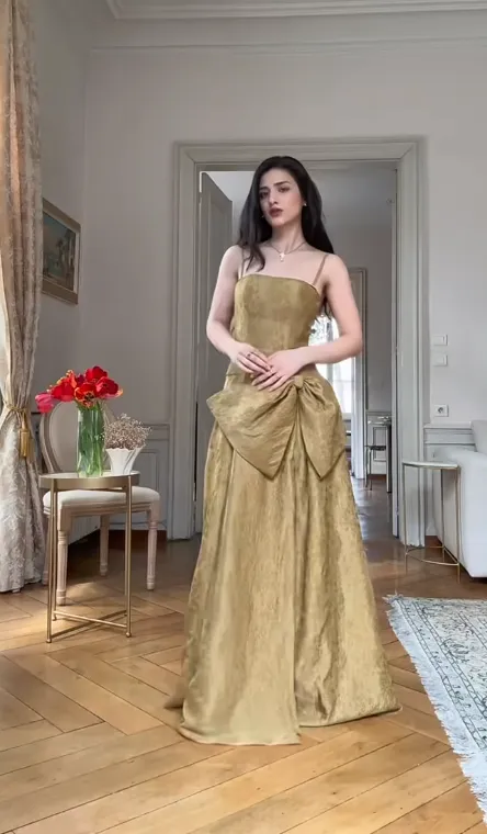 Elegant Spaghetti Strap Sheath Long Prom Dresses Jacquard Satin Yellow Evening Dresses HZ1121