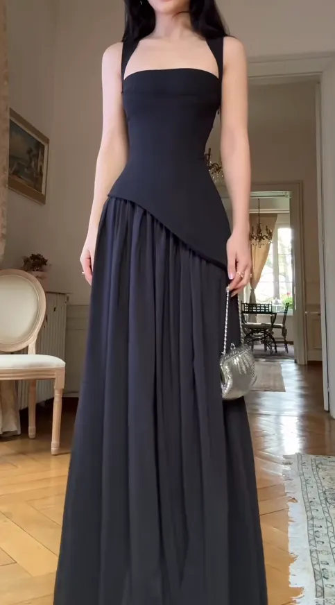 Chic Strap Sheath Long Prom Dresses Chiffon Black Evening Dresses Sleeveless Formal Dresses HZ1121