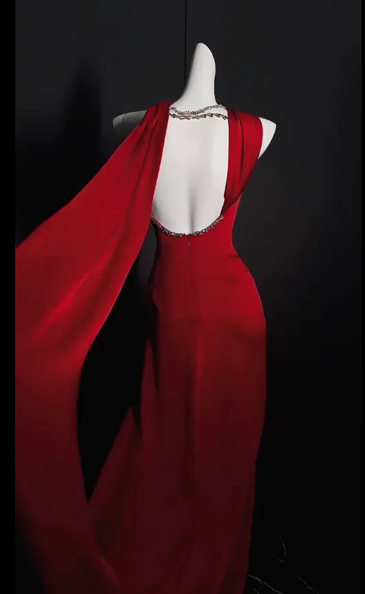 Elegant Jewel Sheath Long Prom Dresses Satin Burgundy Evening Dresses Sleeveless Formal Dresses HZ1121 - Image 2