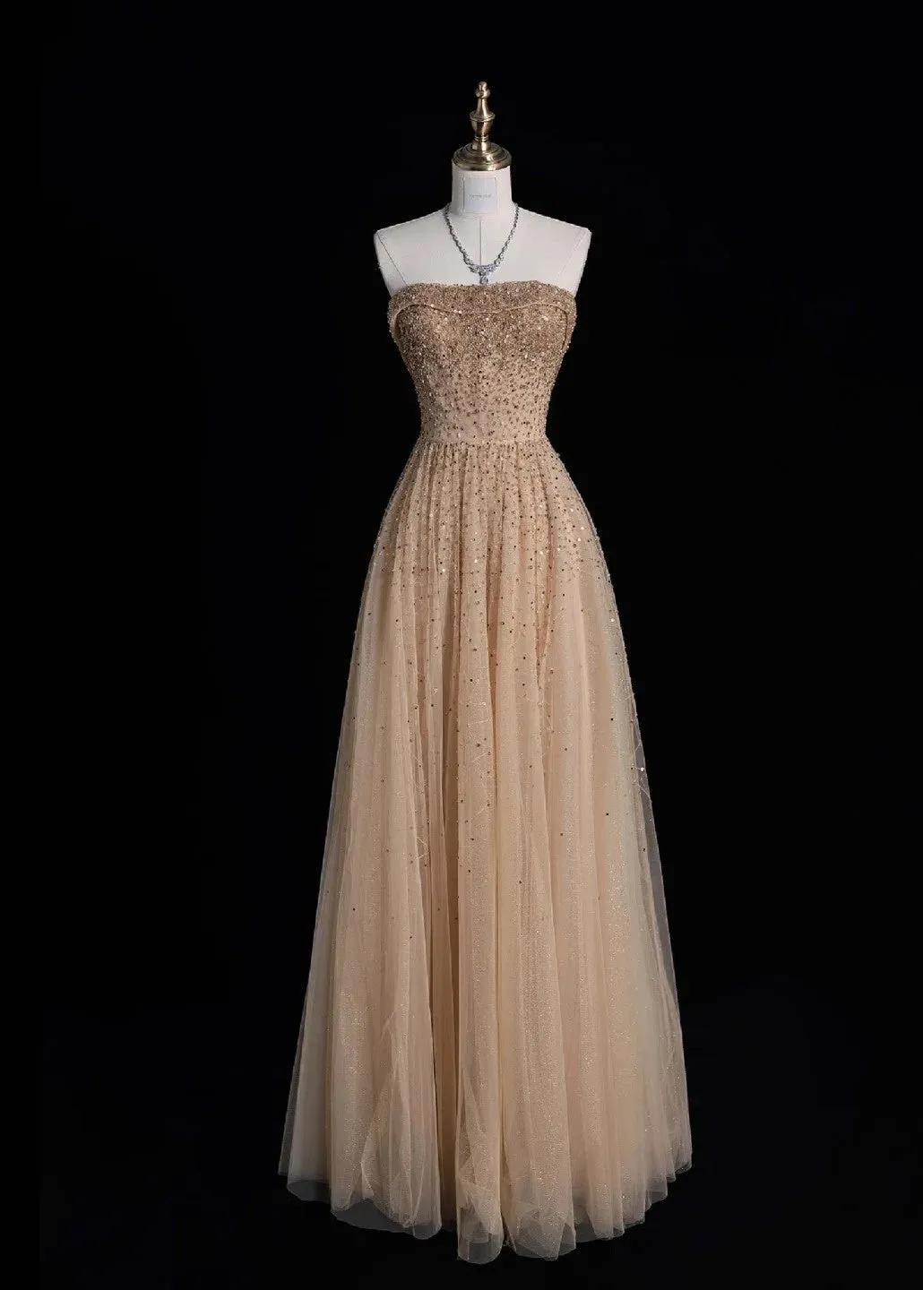 Cute Strapless A-line Long Prom Dresses Sequined Tulle Pastel Orange Evening Dresses HZ1121