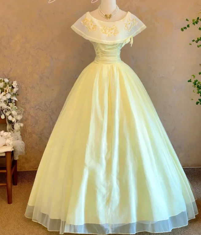 Fairy Jewel A-Line Long Prom Dresses Tulle Pastel Yellow Quinceanera Dresses Sweet 16 Dress HZ1121