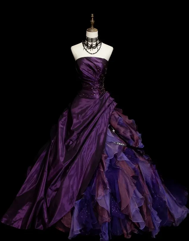 Gorgeous Strapless Ball Gown Satin Long Prom Dresses Tulle Purple Quinceanera Dresses Sweet 16 Dress HZ1121