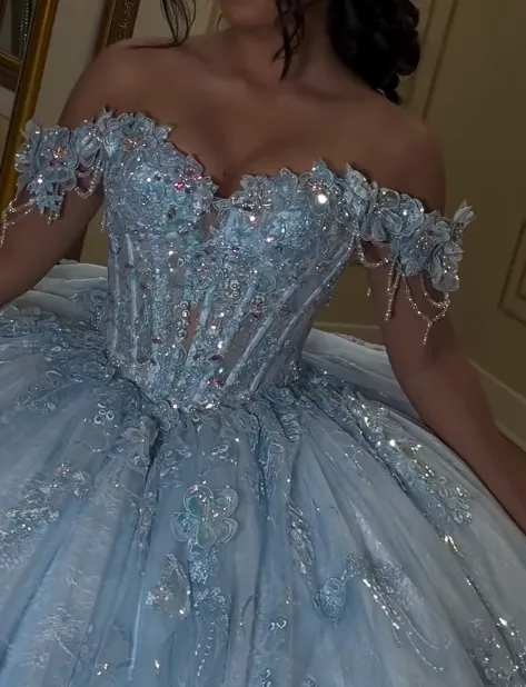 Glam Off-the-Shoulder Ball Gown Tulle Long Prom Dresses Applique Blue Quinceanera Dresses Sweet 16 Dress HZ1121 - Image 2