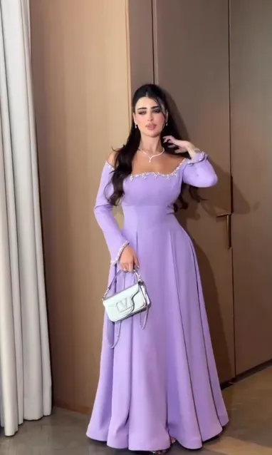 Elegant Off-the-shoulder A-Line Purple Long Formal Dresses Purple Wedding Guest Dresses HZ1121