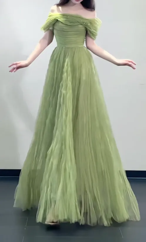 Cute Off-the-shoulder A-Line Green Long Prom Dresses Tulle Green Birthday Dresses Sweet 16 Dress HZ1121