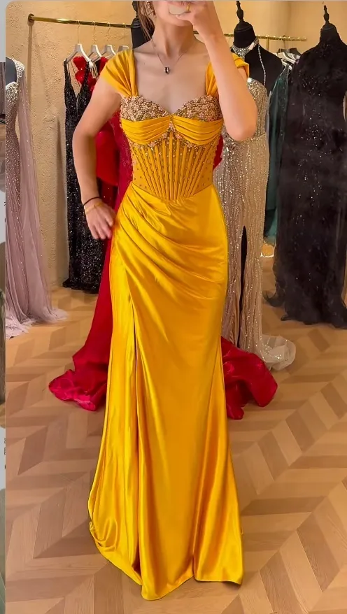 Chic Sheath Yellow Long Prom Dresses Satin Beading Yellow Wedding Guest Dresses HZ1121